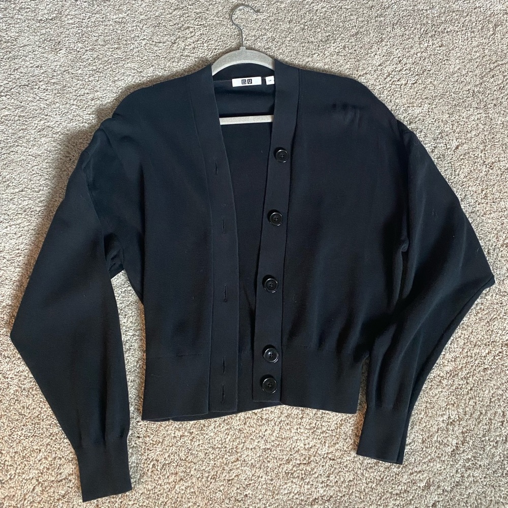 Uniqlo Cinch Waist Cardigan Ribbed Knit Long Sleeve Black with Buttons